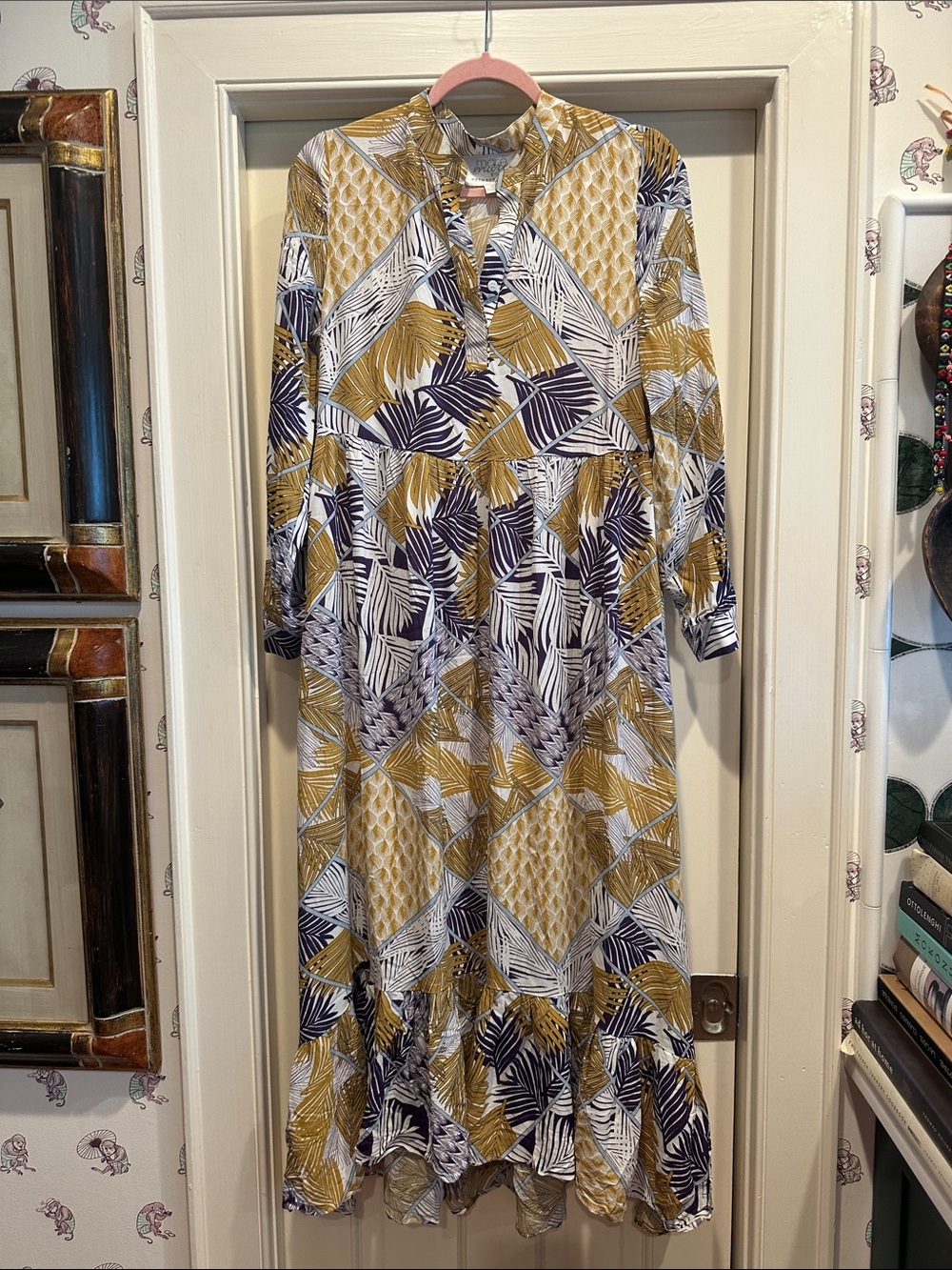 Anthropologie Long Sleeve Leaf-Print Midi Dress in Mustard & Navy